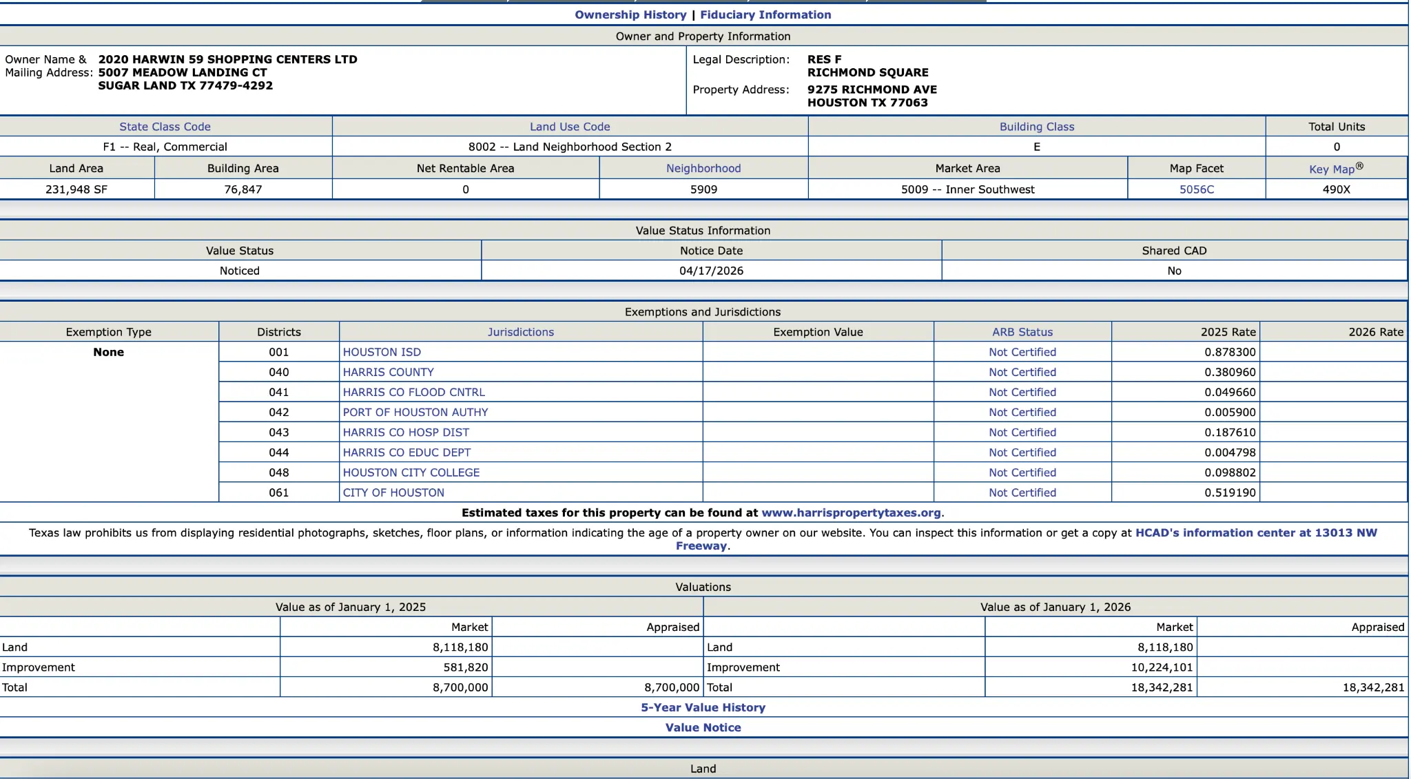 HCAD ownership and valuation record