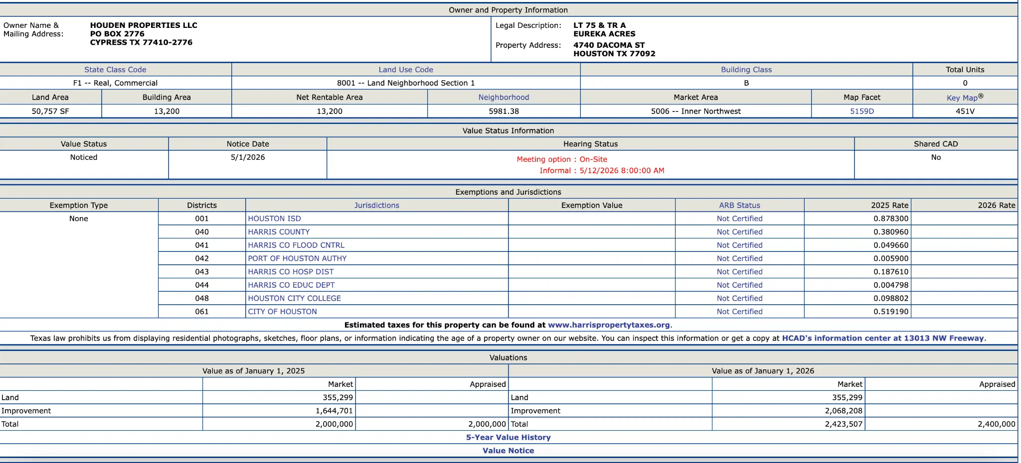 HCAD property record, 4740 Dacoma St, 2026 valuation