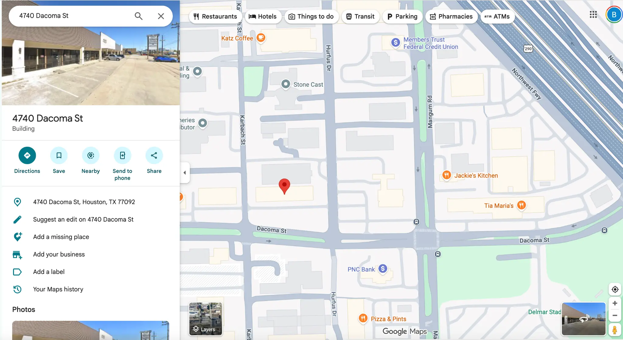 Google Maps, Dacoma St proximity to US-290 and I-610