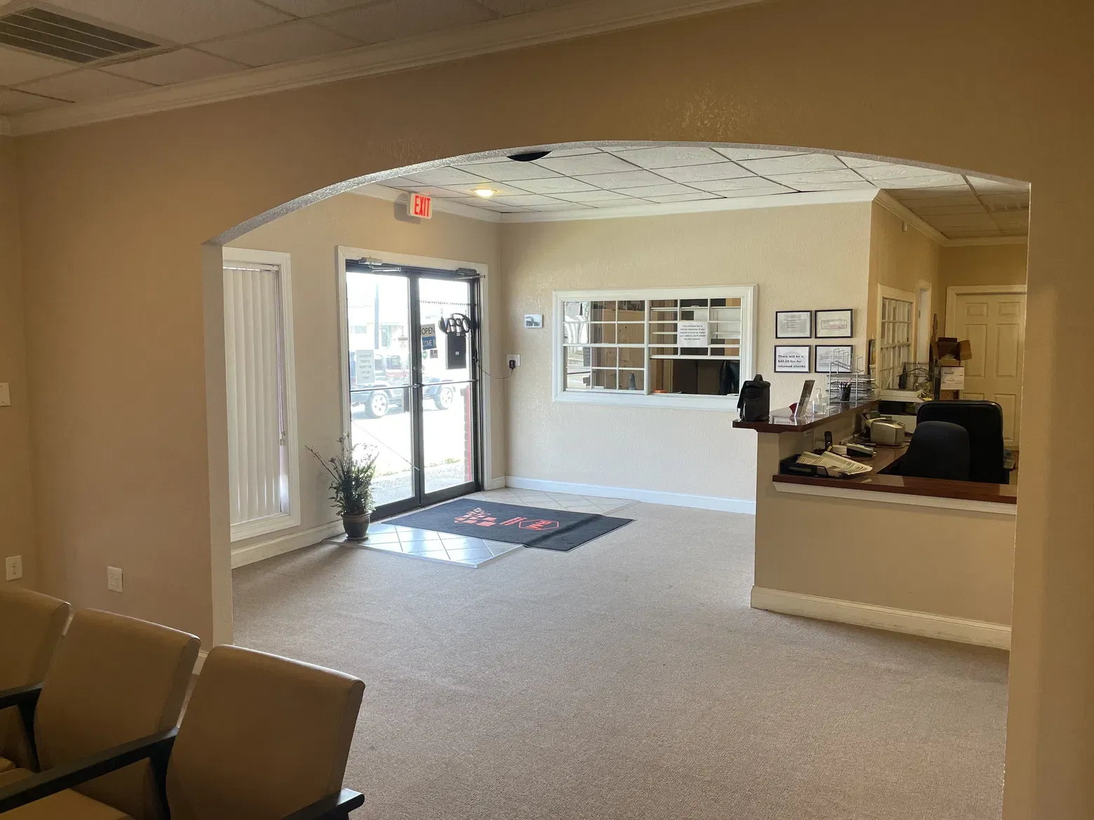 Office reception, arched entry, waiting area